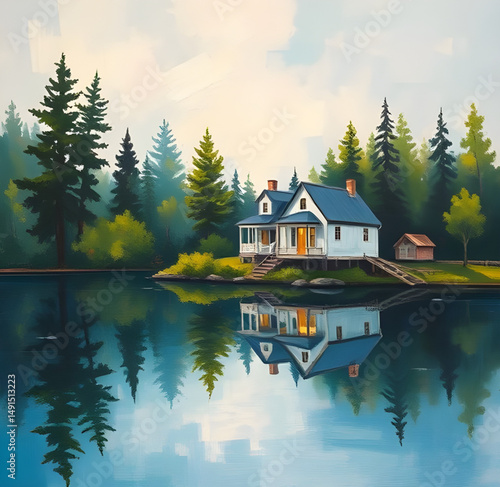 Lake house painting, House by the lake, Lakeside cabin, Waterfront house art, Serene lake scene, Cottage by the water, Lake house landscape, Tranquil lake view, Rustic lake home, Lakefront cottage, Pe