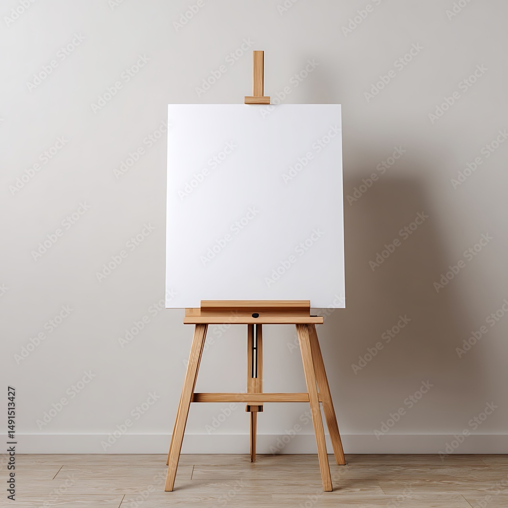 Mockup of an A3-size white poster placed on an easel in a minimalist studio setting, neutral background Mockup of an A3-size white poster placed on an easel in a minimalist studio setting, neutral background