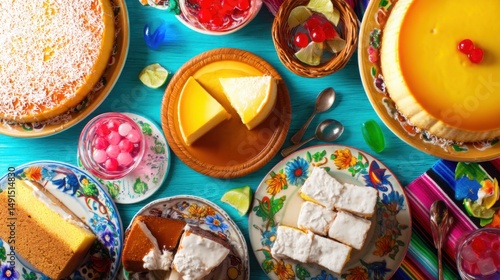 Wallpaper Mural Overhead view of various mexican desserts including flan and cake on a blue table Torontodigital.ca