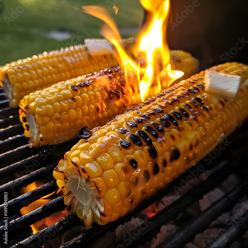 Grilled Corn on the Cob: Perfect BBQ Snack with Smoky Flames and Butter Seasoning