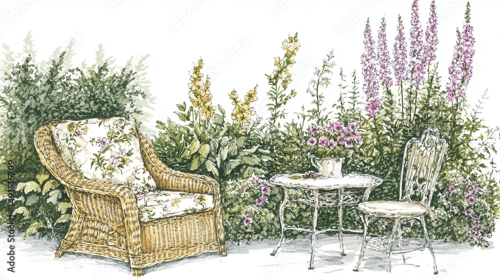 Obraz premium Tranquil garden setting with antique furniture and flowers.