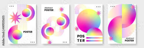 Four posters with colorful geometric shapes. Perfect for adding a pop of color to modern interiors or marketing materials.