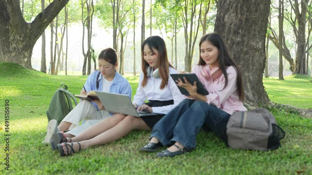 Group of Asian school girls discussing learning about researching academic content using tablets, taking notes in notebooks under a tree in a park. Group of Asian school girls discussing learning about researching academic content using tablets, taking notes in notebooks under a tree in a park.
