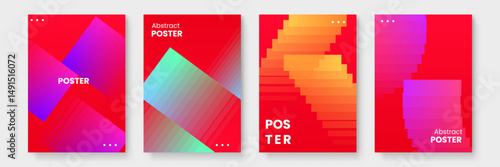 Set of four abstract posters with red backgrounds suitable for modern interior decor or vibrant promotional material design projects.