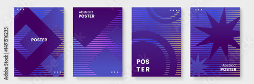 Set of four abstract posters with geometric shapes and gradients suitable for modern interior decor or minimalistic branding projects.