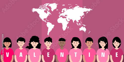 vector illustration of children wearing pink t-shirts with the words  Valentine's Day
