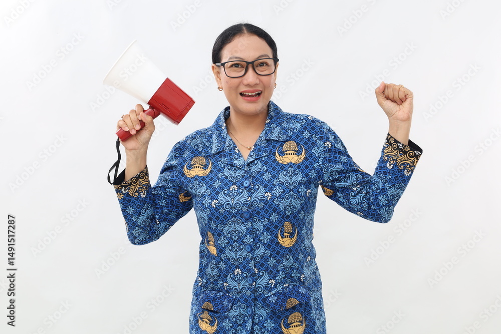 Announcement. Happy asian civil servant woman shouting loud at megaphone, recruiting, protesting with speaker in hands, standing over white background Announcement. Happy asian civil servant woman shouting loud at megaphone, recruiting, protesting with speaker in hands, standing over white background