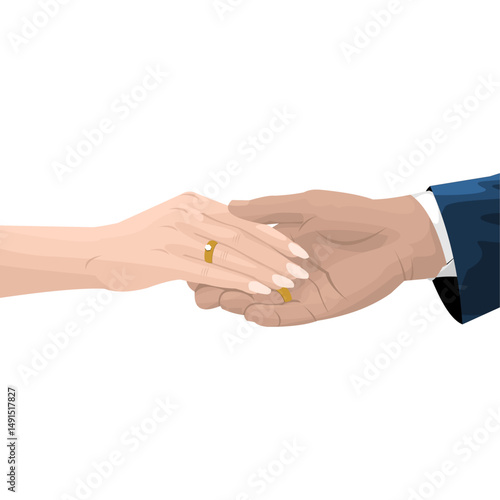 vector illustration of hands holding, wearing engagement rings