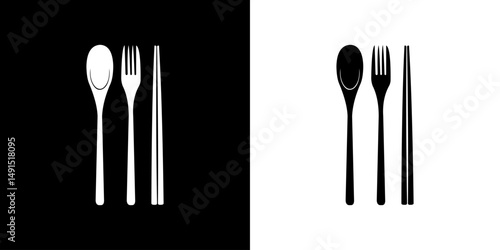 vector black and white silhouettes of spoons, forks and chopsticks