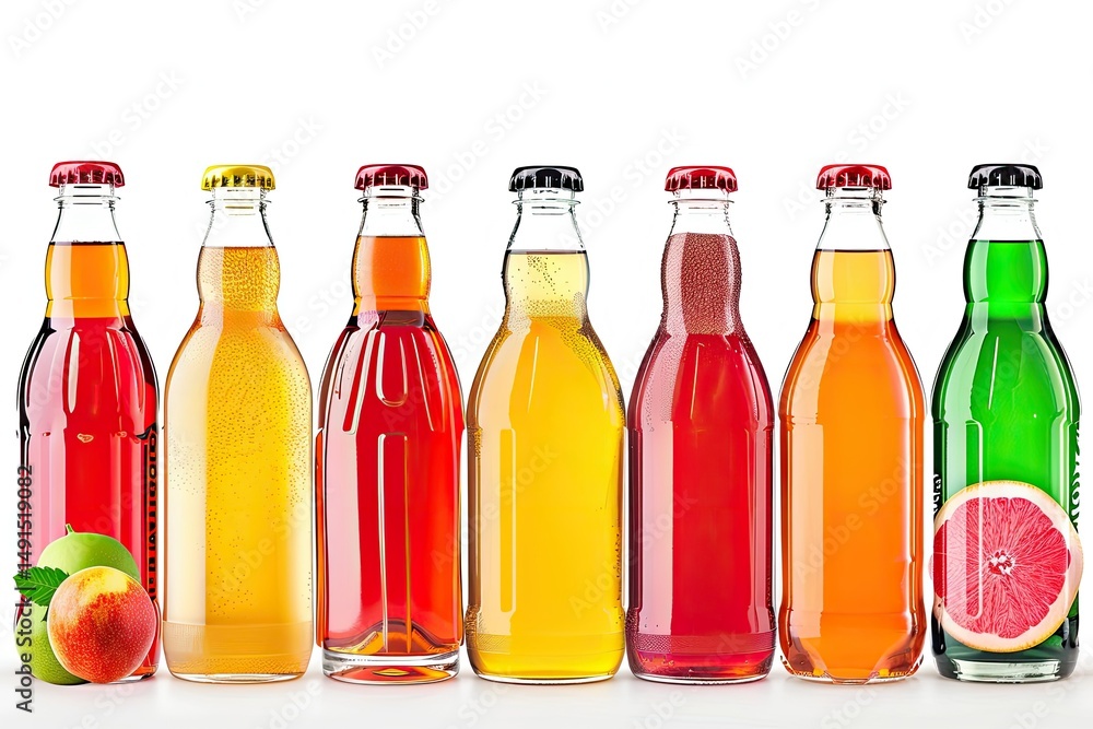 Collection of fruit juice beverages drinks bottle healthy eating isolated on white Collection of fruit juice beverages drinks bottle healthy eating isolated on white