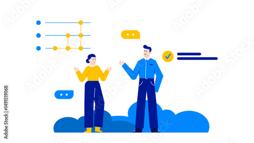 Perfect for educational presentations or business meetings. Two individuals analyzing a flowchart with yellow circles. Engaging and informative concept.