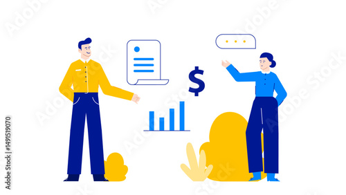Man and woman discuss financial growth. Suitable for business presentations, finance articles, investment blogs, and entrepreneurship concepts in design.