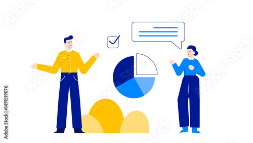 Two people analyzing data using a pie chart. Ideal for business presentations, financial reports, marketing strategies, and teamwork concepts.