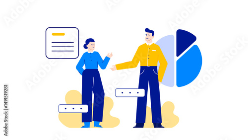 Two individuals having a conversation over a visual representation of data on a pie chart, suitable for business presentations.
