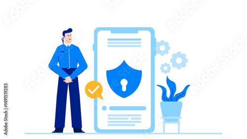 Man stands next to a phone with a shield and lock, symbolizing security and data protection. Perfect for cybersecurity concepts and technology designs.