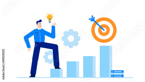Innovative concept showing man with lightbulb climbing steps towards target. Ideal for illustrating creativity, leadership, innovation, problem solving, and success.