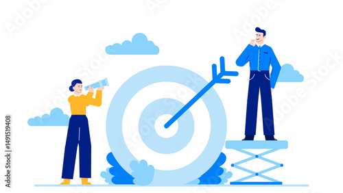 Man observing woman using telescope on platform. Suitable for concepts like surveillance, curiosity, exploration, observation, and teamwork in business.