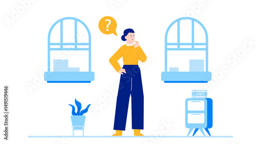 Puzzled woman in room with question mark. Ideal for psychological concepts, confusion, decision making, uncertainty, problem solving, and brainstorming themes.