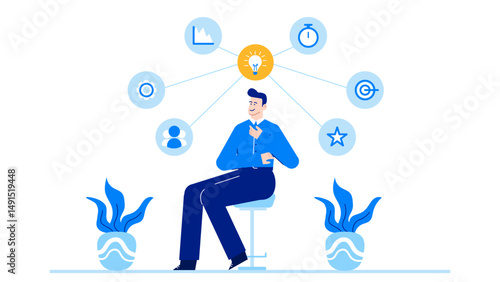 Man sitting and thinking about his ideas, suitable for brainstorming concepts, creativity, innovation, planning, problem solving, strategy development.