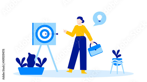 Businesswoman with briefcase near target and plant, representing focus, growth, and success. Suitable for business goals and personal development concepts.