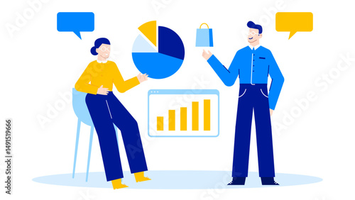 Man and woman discussing a graph with shopping bag nearby. Suitable for business presentations, marketing campaigns, financial articles, and design projects.