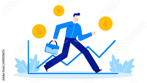 Man in blue running up a graph with dollar signs, suitable for financial success concepts in presentations, finance blogs, and advertising.