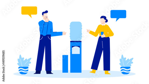 Two people near water cooler conversing in office setting. Suitable for workplace, communication, office culture, business interactions designs.