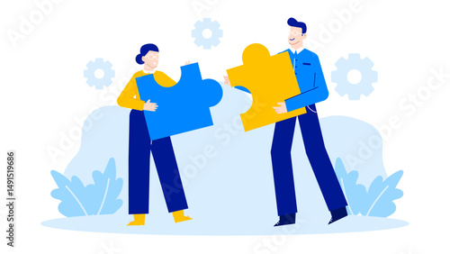 Two people holding complementary puzzle pieces. Suitable for teamwork, collaboration, problem solving, partnerships, relationships, and unity concepts in various designs.