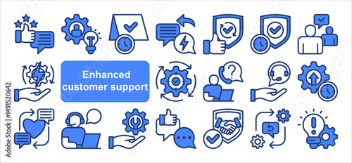 Enhanced customer support icon collection set. Containing assistance, helpdesk, service, satisfaction, resolution, feedback, response icon. Simple line vector illustration.