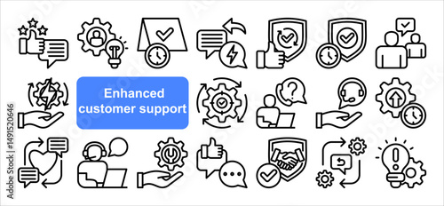 Enhanced customer support icon collection set. Containing assistance, helpdesk, service, satisfaction, resolution, feedback, response icon. Simple line vector illustration.