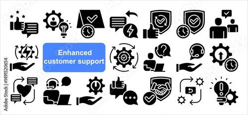 Enhanced customer support icon collection set. Containing assistance, helpdesk, service, satisfaction, resolution, feedback, response icon. Simple flat vector illustration.