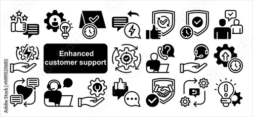 Enhanced customer support icon collection set. Containing assistance, helpdesk, service, satisfaction, resolution, feedback, response icon. Simple flat vector illustration.