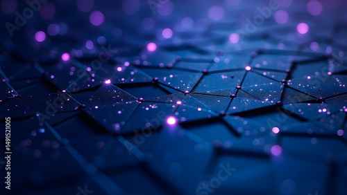 Pentagon-triangle quantum circuit grid with glowing violet nodes on graphene, evoking advanced computing.
