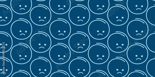 Sad faces Seamless Pattern in trendy Monochrome blue Blue Monday greeting or promo banner Background