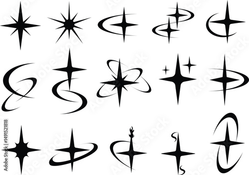 Abstract Y2K starburst icons featuring glowing spins, atomic orbits, elliptical rings, and futuristic curves. Ideal for logos, stickers, and edgy pop designs