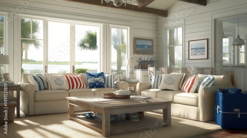 Coastal living room interior design showcasing a light and airy feel.