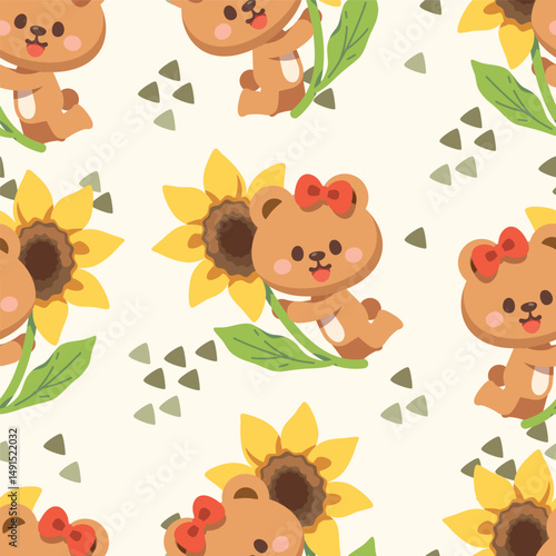 Seamless pattern cartoon of Little bear hugs sunflower. It is a kawaii character cartoon. Pattern design for wrapping paper, wallpaper and fashion prints.