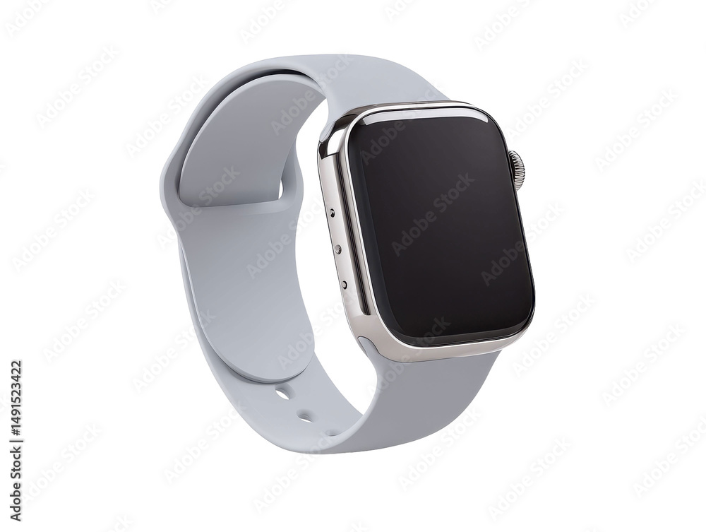 Silver apple watch series 8 with light grey sport band isolated on transparent background Silver apple watch series 8 with light grey sport band isolated on transparent background