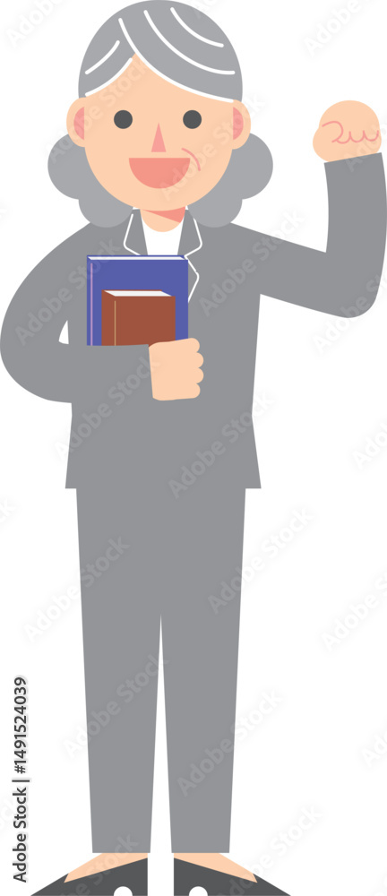 ガッツポーズをして教科書を持つスーツの女性 ガッツポーズをして教科書を持つスーツの女性