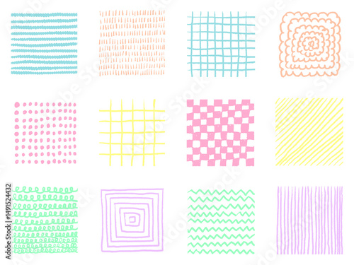 手描きあしらいセット　四角　色えんぴつ　パターン　カラフル