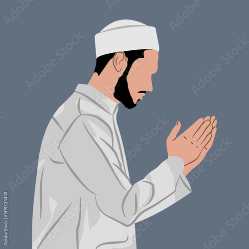 Vector illustration of a Muslim man praying with his palms raised while asking God for help. Faceless human vector