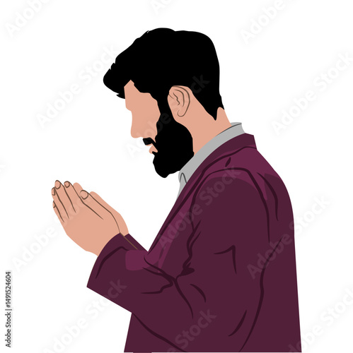 Vector illustration of a Muslim man praying with his palms raised while asking God for help. Faceless human vector