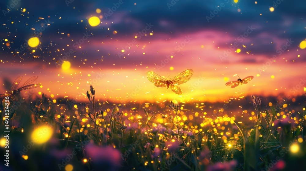 Naklejka premium A magical, luminous field at twilight, filled with glowing insects.