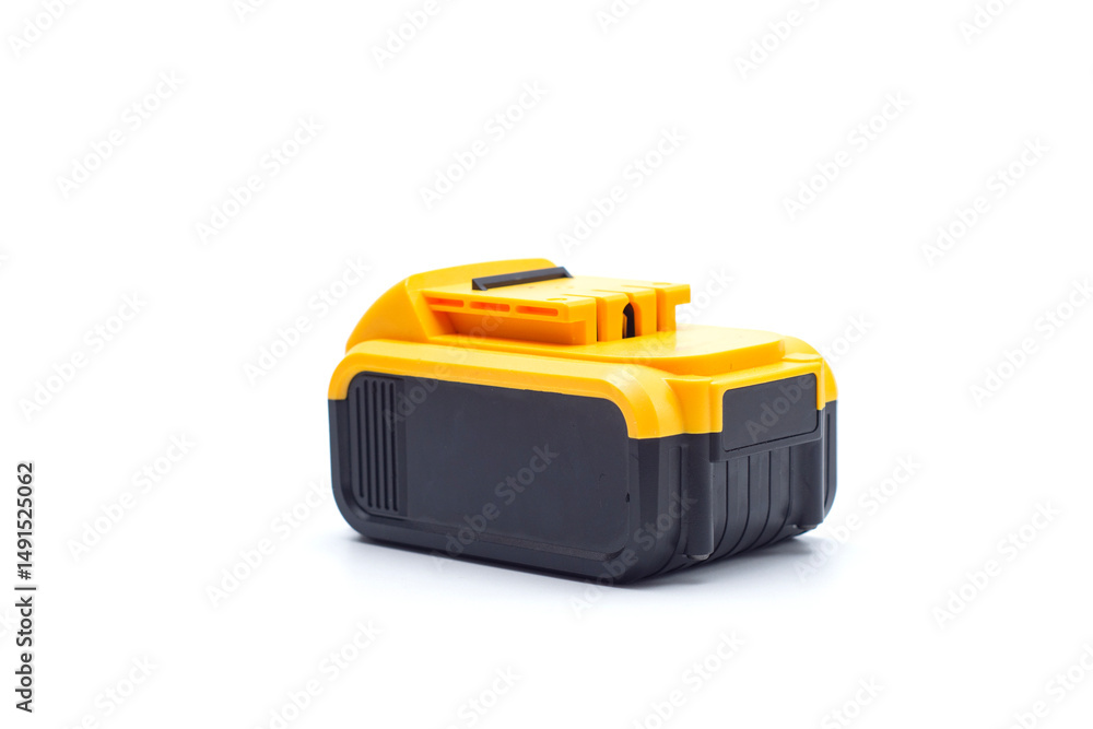 Fototapeta premium Yellow power tool battery, designed for professional use.