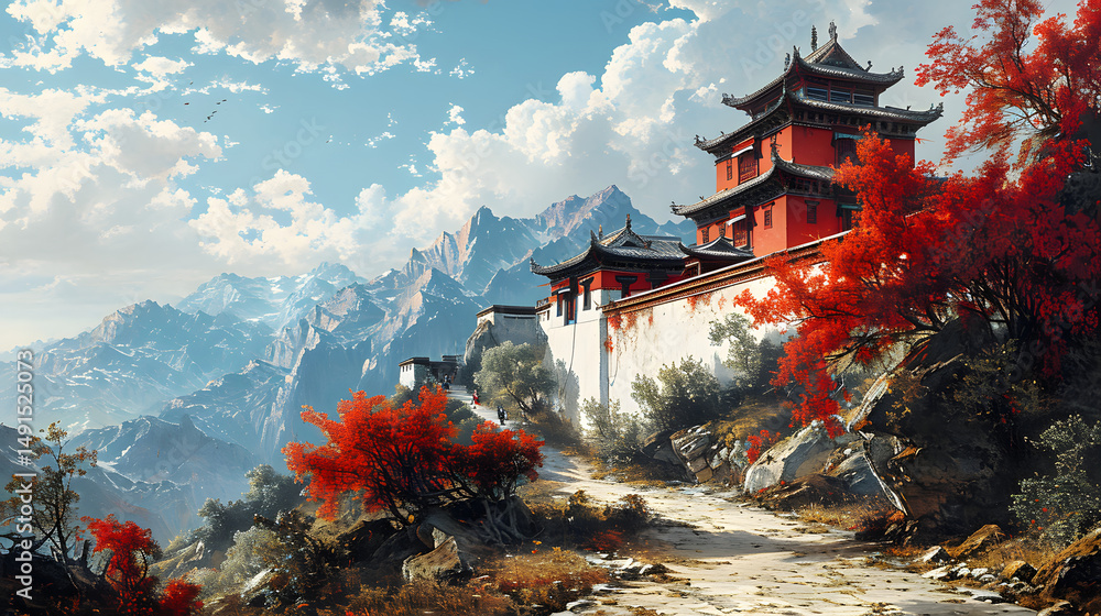Obraz premium red and white minimalist art ancient landscape illustration abstract background decorative painting