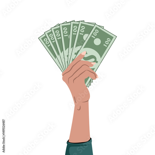 Vector illustration of Hand holding dollar bills. Several hundred dollar bills.