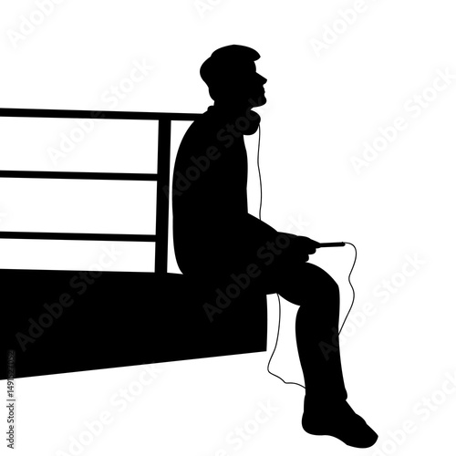 Vector of a sad man sitting while listening to music with headphones