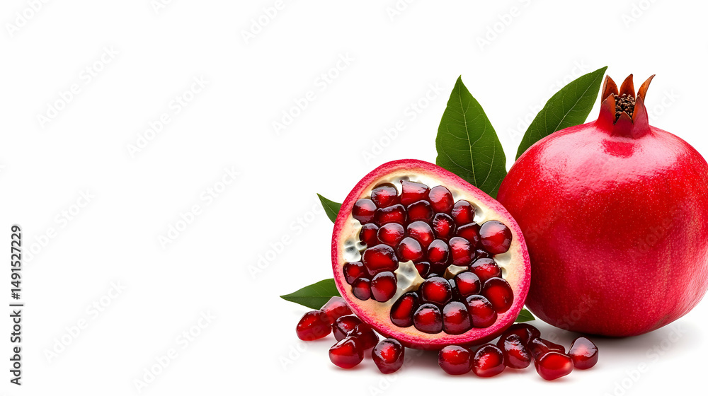 Fresh red pomegranate fruit with green leaves isolated on white Fresh red pomegranate fruit with green leaves isolated on white