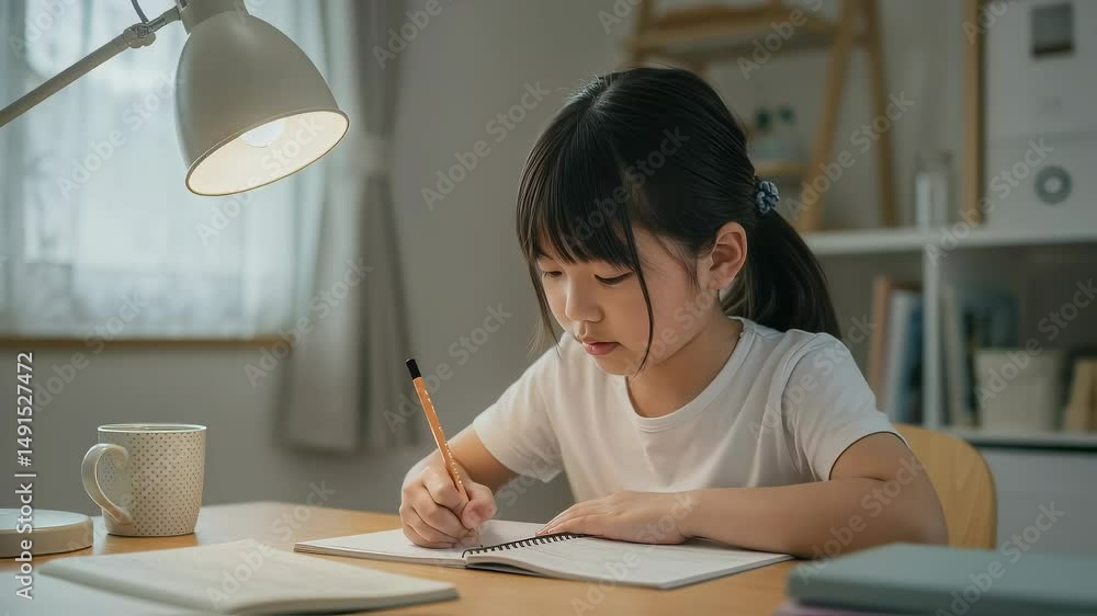 自宅でノートをとって勉強する、白いTシャツ姿の女子小学生 自宅でノートをとって勉強する、白いTシャツ姿の女子小学生