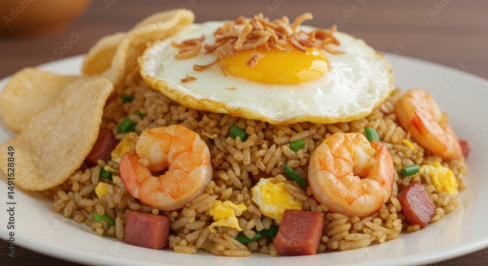 Delicious fried rice topped with shrimp, egg, and crispy onions, creating a flavorful and visually appealing dish on a white plate. Delicious fried rice topped with shrimp, egg, and crispy onions, creating a flavorful and visually appealing dish on a white plate.